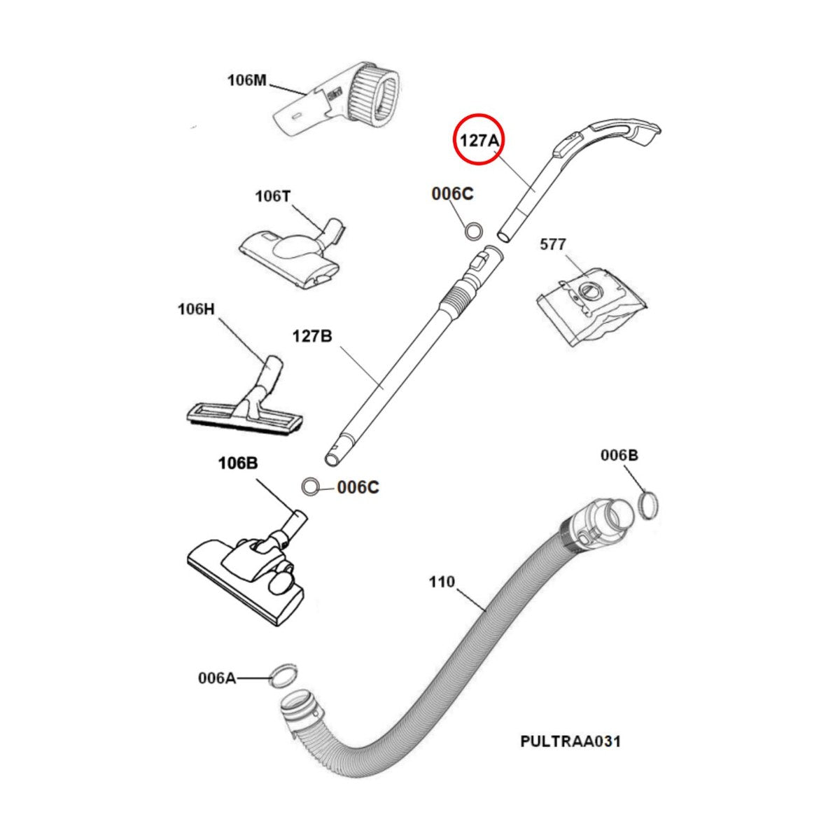 2193712136 genuine Electrolux straight vacuum cleaner handle, view 3 view 3