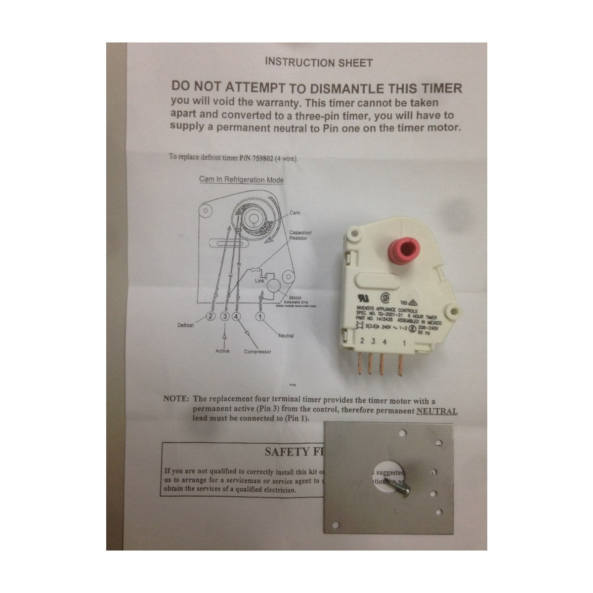 759802 genuine Electrolux fridge defrost timer kit with timer 1415435