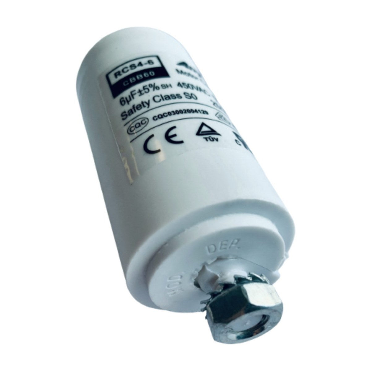 CAP006 generic 6uF 450V motor capacitor with M8 stud, universal appliance part, view 2 view 2