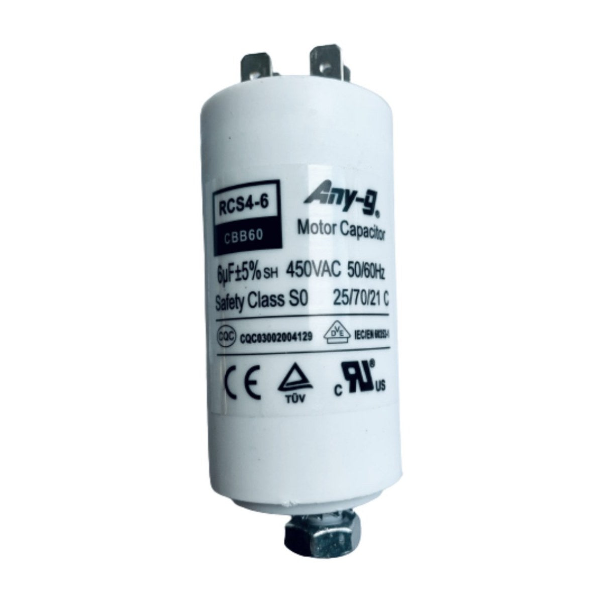 CAP006 generic 6uF 450V motor capacitor with M8 stud, universal appliance part